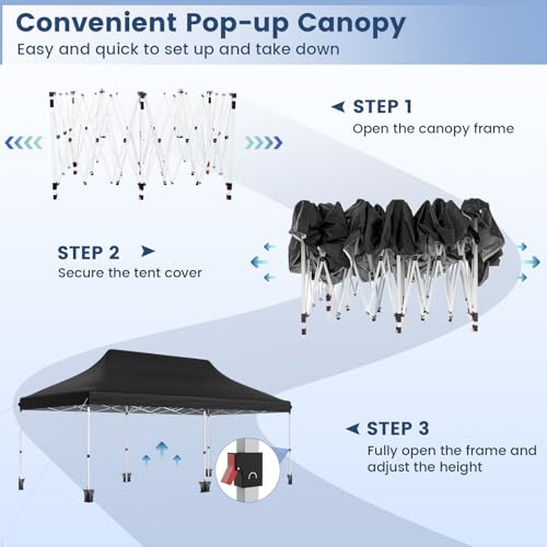 GOPLUS 3x6M Tonnelle Jardin Pliable Noir pour Fêtes et Mariages Hauteur Réglable Fenêtres inclusion Sac de Transport Sac